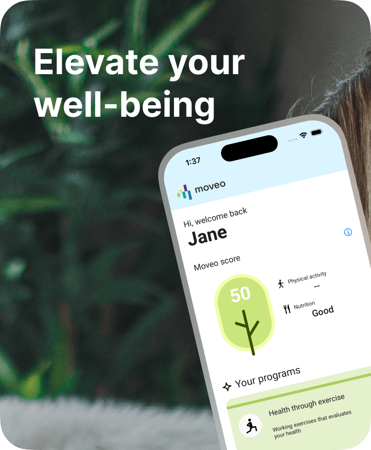 moveo app screenshot with overlaid text 'Elevate your well-being'